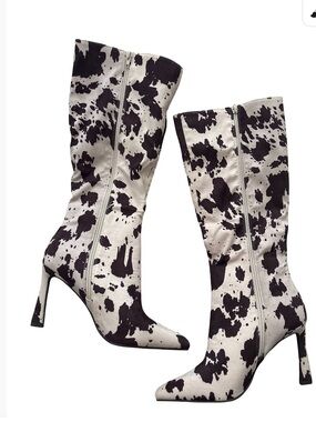 Ann Michell Brown and White Cow-Print Mid-Calf Heeled Boots